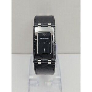 Emporio Armani AR5496 Black Dial Tank Quartz Watch Leather Strap New Battery